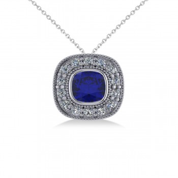 Blue Sapphire & Diamond Halo Cushion Pendant Necklace 14k White Gold (1.62ct)