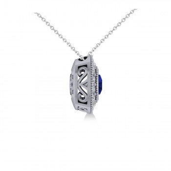 Blue Sapphire & Diamond Halo Cushion Pendant Necklace 14k White Gold (1.62ct)