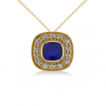 Blue Sapphire & Diamond Halo Cushion Pendant Necklace 14k Yellow Gold (1.62ct)