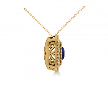 Blue Sapphire & Diamond Halo Cushion Pendant Necklace 14k Yellow Gold (1.62ct)