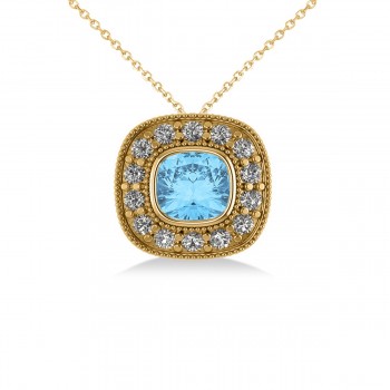 Blue Topaz & Diamond Halo Cushion Pendant Necklace 14k Yellow Gold (1.67ct)