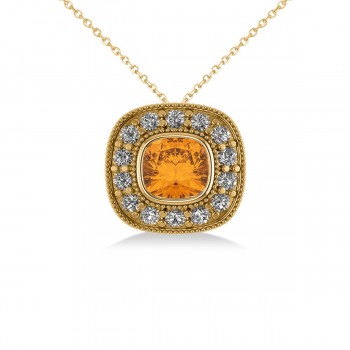 Citrine & Diamond Halo Cushion Pendant Necklace 14k Yellow Gold (1.27ct)