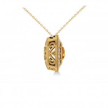 Citrine & Diamond Halo Cushion Pendant Necklace 14k Yellow Gold (1.27ct)