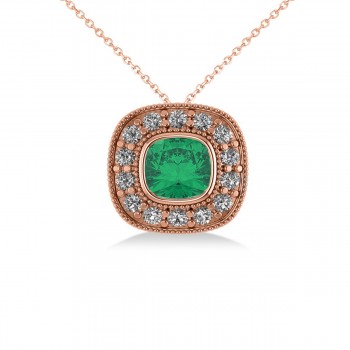 Emerald & Diamond Halo Cushion Pendant Necklace 14k Rose Gold (1.22ct)