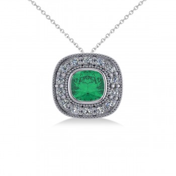 Emerald & Diamond Halo Cushion Pendant Necklace 14k White Gold (1.22ct)