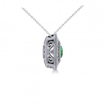 Emerald & Diamond Halo Cushion Pendant Necklace 14k White Gold (1.22ct)