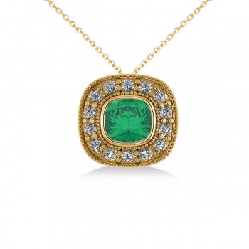 Emerald & Diamond Halo Cushion Pendant Necklace 14k Yellow Gold (1.22ct)