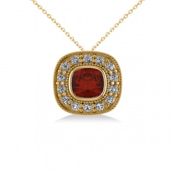 Garnet & Diamond Halo Cushion Pendant Necklace 14k Yellow Gold (1.62ct)