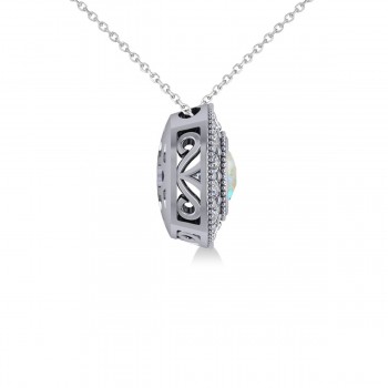 Opal & Diamond Halo Cushion Pendant Necklace 14k White Gold (0.97ct)