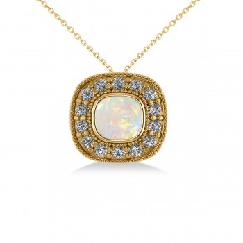 Opal & Diamond Halo Cushion Pendant Necklace 14k Yellow Gold (0.97ct)