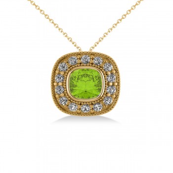 Peridot & Diamond Halo Cushion Pendant Necklace 14k Yellow Gold (1.52ct)