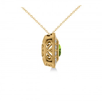 Peridot & Diamond Halo Cushion Pendant Necklace 14k Yellow Gold (1.52ct)