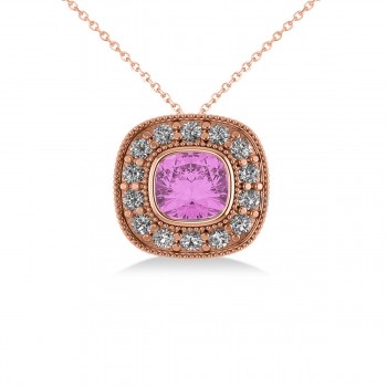 Pink Sapphire & Diamond Halo Cushion Pendant Necklace 14k Rose Gold (1.62ct)