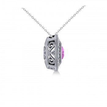 Pink Sapphire & Diamond Halo Cushion Pendant Necklace 14k White Gold (1.62ct)