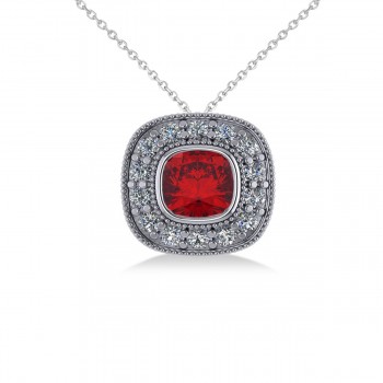 Ruby & Diamond Halo Cushion Pendant Necklace 14k White Gold (1.62ct)