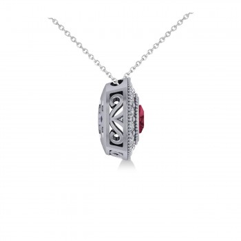 Ruby & Diamond Halo Cushion Pendant Necklace 14k White Gold (1.62ct)