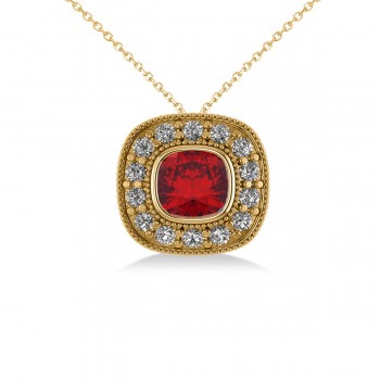 Ruby & Diamond Halo Cushion Pendant Necklace 14k Yellow Gold (1.62ct)