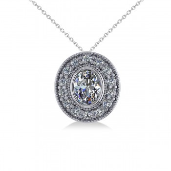 Diamond Halo Oval Pendant Necklace 14k White Gold (1.18ct)