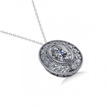 Diamond Halo Oval Pendant Necklace 14k White Gold (1.18ct)