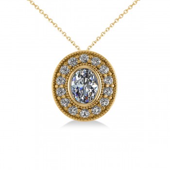 Diamond Halo Oval Pendant Necklace 14k Yellow Gold (1.18ct)