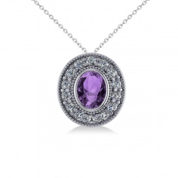 Amethyst & Diamond Halo Oval Pendant Necklace 14k White Gold (1.27ct)