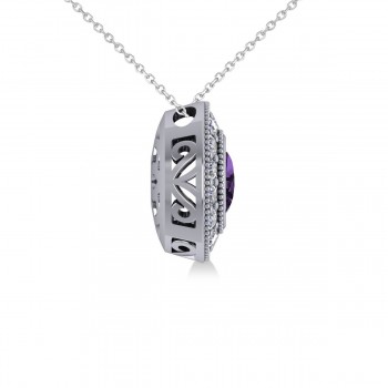 Amethyst & Diamond Halo Oval Pendant Necklace 14k White Gold (1.27ct)