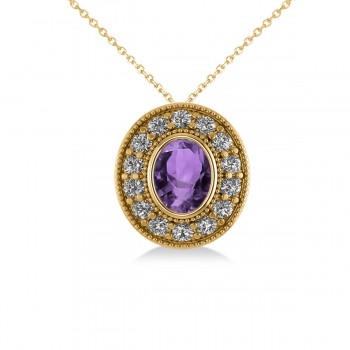 Amethyst & Diamond Halo Oval Pendant Necklace 14k Yellow Gold (1.27ct)