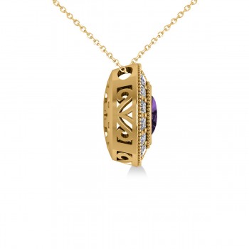 Amethyst & Diamond Halo Oval Pendant Necklace 14k Yellow Gold (1.27ct)