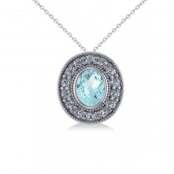 Aquamarine & Diamond Halo Oval Pendant Necklace 14k White Gold (1.17ct)