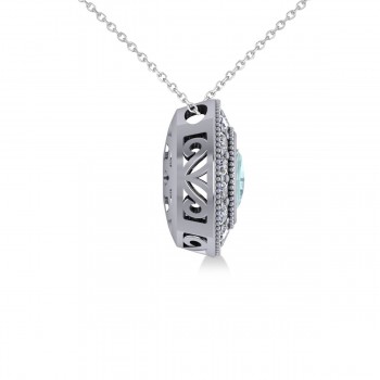 Aquamarine & Diamond Halo Oval Pendant Necklace 14k White Gold (1.17ct)