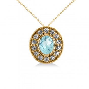 Aquamarine & Diamond Halo Oval Pendant Necklace 14k Yellow Gold (1.17ct)