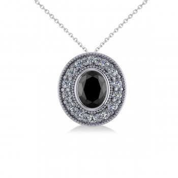 Black Diamond & Diamond Halo Oval Pendant Necklace 14k White Gold (1.18ct)