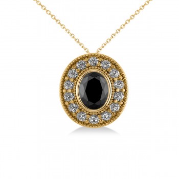 Black Diamond & Diamond Halo Oval Pendant Necklace 14k Yellow Gold (1.18ct)