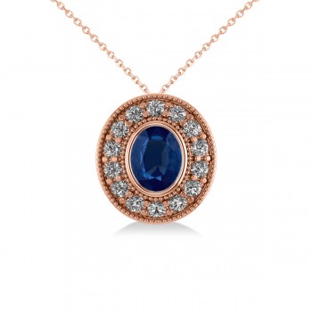 Blue Sapphire & Diamond Halo Oval Pendant Necklace 14k Rose Gold (1.42ct)