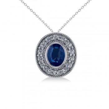 Blue Sapphire & Diamond Halo Oval Pendant Necklace 14k White Gold (1.42ct)