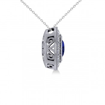 Blue Sapphire & Diamond Halo Oval Pendant Necklace 14k White Gold (1.42ct)