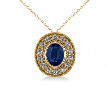 Blue Sapphire & Diamond Halo Oval Pendant Necklace 14k Yellow Gold (1.42ct)