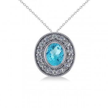 Blue Topaz & Diamond Halo Oval Pendant Necklace 14k White Gold (1.52ct)
