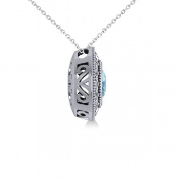 Blue Topaz & Diamond Halo Oval Pendant Necklace 14k White Gold (1.52ct)