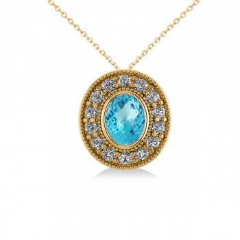 Blue Topaz & Diamond Halo Oval Pendant Necklace 14k Yellow Gold (1.52ct)
