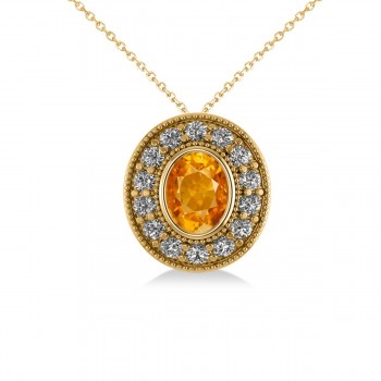 Citrine & Diamond Halo Oval Pendant Necklace 14k Yellow Gold (1.27ct)