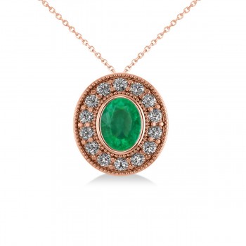 Emerald & Diamond Halo Oval Pendant Necklace 14k Rose Gold (1.27ct)