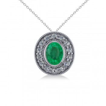 Emerald & Diamond Halo Oval Pendant Necklace 14k White Gold (1.27ct)