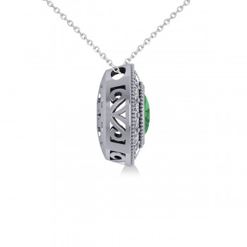 Emerald & Diamond Halo Oval Pendant Necklace 14k White Gold (1.27ct)