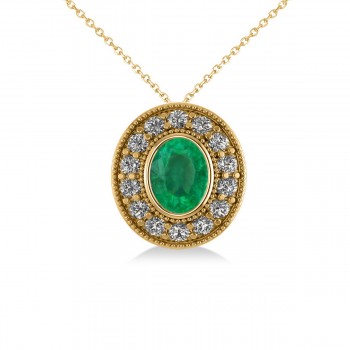 Emerald & Diamond Halo Oval Pendant Necklace 14k Yellow Gold (1.27ct)