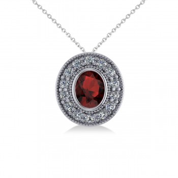 Garnet & Diamond Halo Oval Pendant Necklace 14k White Gold (1.42ct)