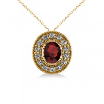 Garnet & Diamond Halo Oval Pendant Necklace 14k Yellow Gold (1.42ct)