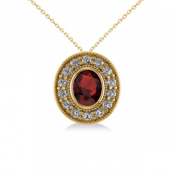 Garnet & Diamond Halo Oval Pendant Necklace 14k Yellow Gold (1.42ct)