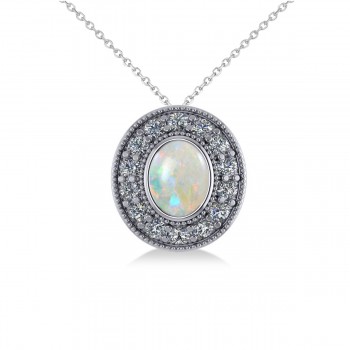 Opal & Diamond Halo Oval Pendant Necklace 14k White Gold (0.89ct)