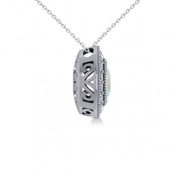 Opal & Diamond Halo Oval Pendant Necklace 14k White Gold (0.89ct)